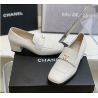 Sophisticated Chanel Leather Heel Loafers White 060121