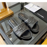 Shop Duplicate Chanel Lambskin CC Lock Flat Slide Sandals Black 062080