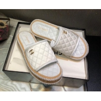 Pretty Style Chanel Quilted Silk Platform Slide Sandals White 062086