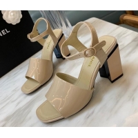 Hot Style Chanel Patent Calfskin Heel Sandals 7.5cm G38689 Beige