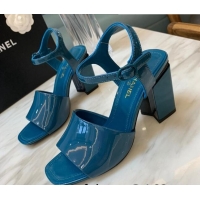 Luxury Chanel Patent Calfskin Heel Sandals 7.5cm G38689 Peacock Blue