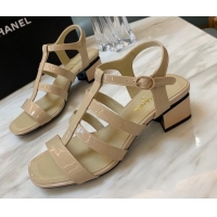 Best Price Chanel Patent Calfskin StrapSandals 4.5cm G38689 Beige