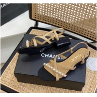 Stylish Chanel Lambskin Pearl Heel Sandals Beige 0620115