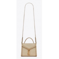 Buy Fashionable SAINT LAURENT CASSANDRA MINI TOP HANDLE BAG IN CANVAS AND BOX SAINT LAURENT LEATHER 623930 BEIGE ET SEA 