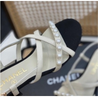 Popular Style Chanel Lambskin Pearl Heel Sandals White 620116