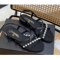 Grade Style Chanel Lambskin Pearl Heel Sandals Black 620117