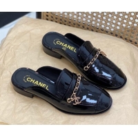 Unique Style Chanel Patent Leather Chain Flat Mules Black 620119