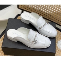 Top Design Chanel Lambskin Chain Flat Mules White 0620120