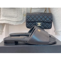 Pretty Style Chanel Lambskin Flat Slide Sandals Black 070109