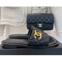 Luxury Chanel Stone CC Lambskin Flat Slide Sandals G38794 Black