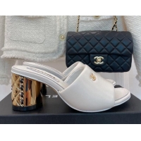 Classic Hot Chanel Lambskin Slide Sandals with 5cm Metal Heel White 070122