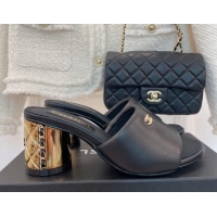 Stylish Chanel Lambskin Slide Sandals with 5cm Metal Heel Black 070123