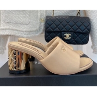 Best Price Chanel Lambskin Slide Sandals with 5cm Metal Heel Beige 070124