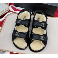 Good Quality Chanel Fur and Shearling Wool Flat Strap Sandals Black 070129