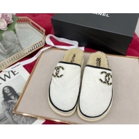 Top Design Chanel Fur and Shearling Wool Flat Mules G38648 White