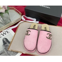 Top Grade Chanel Fur and Shearling Wool Flat Mules G38648 Pink