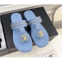 Charming Chanel Lambskin CC Stud and Chain Flat Slide Sandals Light Blue 070144