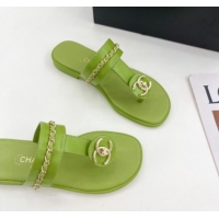 Good Quality Chanel Lambskin CC Stud and Chain Flat Slide Sandals Green 070145