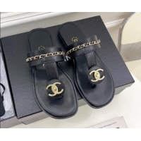 Perfect Chanel Lambskin CC Stud and Chain Flat Slide Sandals Black 070147