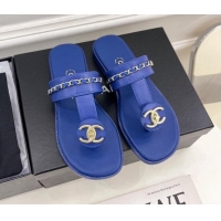 Pretty Style Chanel Lambskin CC Stud and Chain Flat Slide Sandals Royal Blue 070149