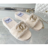 Stylish Chanel Shearling Flat Slide Sandals White 070152