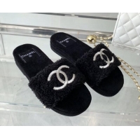 Luxury Chanel Shearling Flat Slide Sandals Black 070153