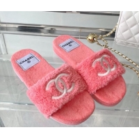 Good Looking Chanel Shearling Flat Slide Sandals Pink 070155