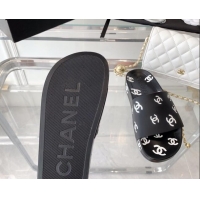 Fashion Chanel CC Allover Printed Flat Slide Sandals Black 070162