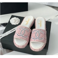 Luxury Chanel Embroidered CC Tweed Slide Sandals G34826 Light Pink