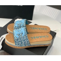 Grade Quality Chanel Tweed Wedge Slide Sandals Blue 070182