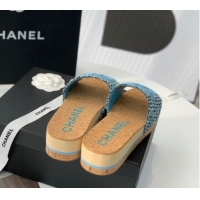 Grade Quality Chanel Tweed Wedge Slide Sandals Blue 070182