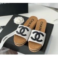 Duplicate Chanel Tweed Wedge Slide Sandals White 070184