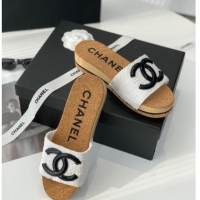 Duplicate Chanel Tweed Wedge Slide Sandals White 070184