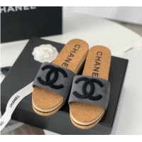 Stylish Chanel Suede Wedge Slide Sandals Gray 070185