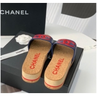 Luxury Chanel Leather Wedge Slide Sandals Blue 070188