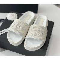 Good Quality Chanel CC Tweed Flat Slide Sandals White 070189