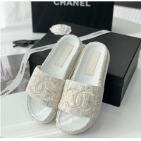 Good Quality Chanel CC Tweed Flat Slide Sandals White 070189