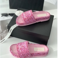 Most Popular Chanel CC Tweed Flat Slide Sandals Pink 070191