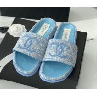 Sumptuous Chanel CC Tweed Flat Slide Sandals Blue 070192