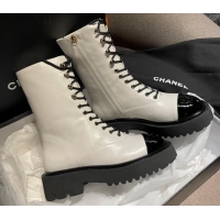 Stylish Chanel Calfskin Lace-ups Ankle Boots White 070486