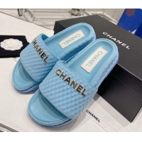 Luxury Chanel Tweed Flat Slide Sandals Blue 071801