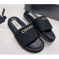 Good Product Chanel Tweed Flat Slide Sandals Black 071802