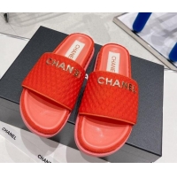 Hot Style Chanel Tweed Flat Slide Sandals Red 071805