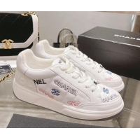 Grade Quality Chanel Embroidered Logo Leather Sneakers White 071806