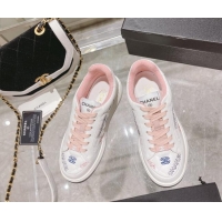 Low Price Chanel Embroidered Logo Leather Sneakers White/Pink 071807