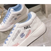 Luxury Chanel Embroidered Logo Leather Sneakers White/Blue 071808