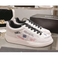 Stylish Chanel Embroidered Logo Leather Sneakers White/Black 071809