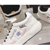 Stylish Chanel Embroidered Logo Leather Sneakers White/Black 071809