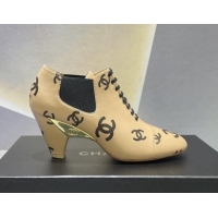 Hot Style Chanel CC Print Lambskin Lace-up Pumps 6cm Beige 071858