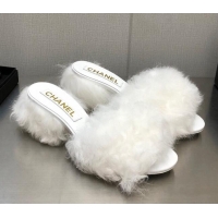 Duplicate Chanel Shearling Wool Medium Heel Slide Sandals 6cm White 071866